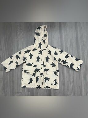 Hatley Kids 3T Bear Print Fleece Lined Hooded Rain Jacket Coat Cream Black Water